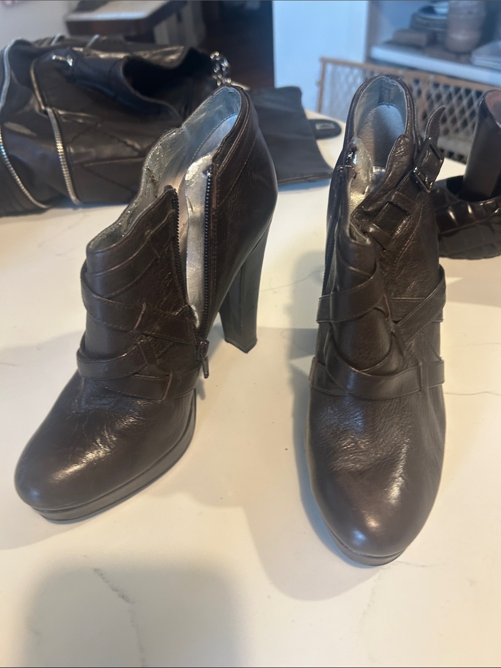Calvin Klein Dark Brown Leather High-Heel Ankle Booties